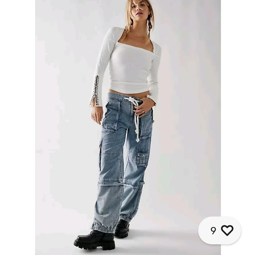 Free People Light Blue Washed Wide Leg Cargo Jeans